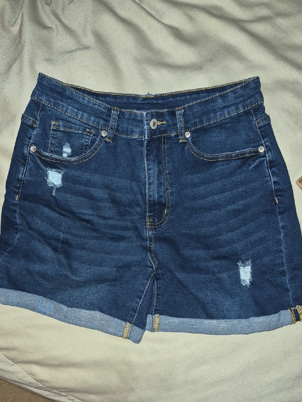 Classic Dark Blue Distressed Denim Jean Shorts for Women